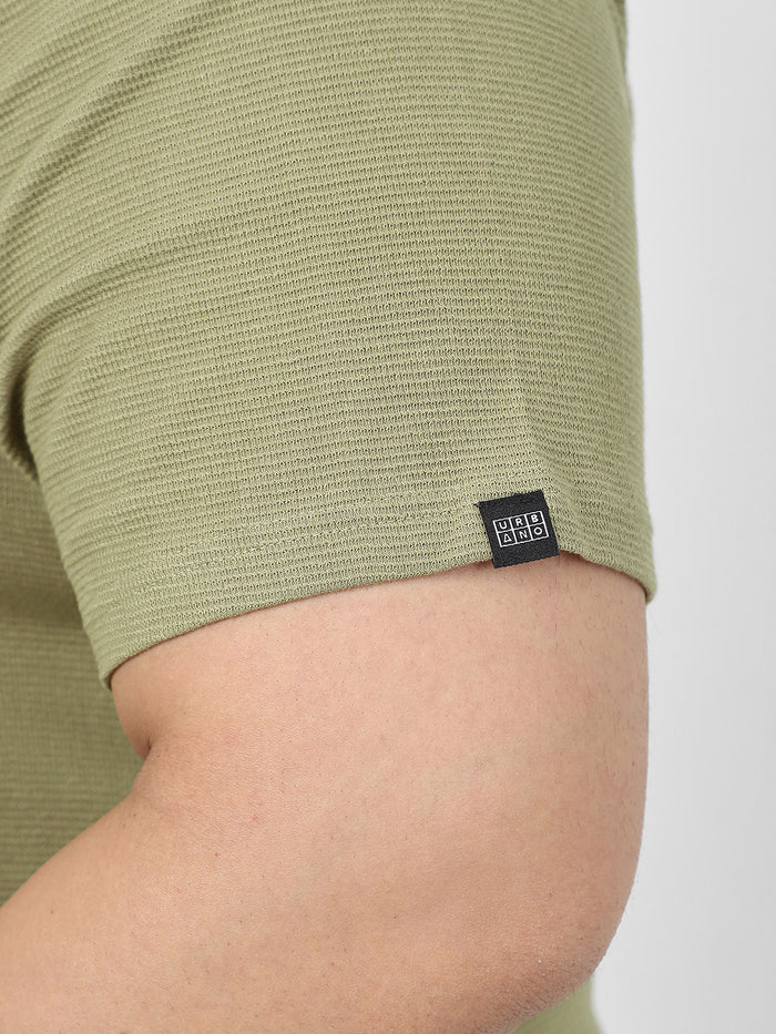 Plus Men's Matcha Green Textured Regular Fit Half Sleeve Cotton Polo T-Shirt