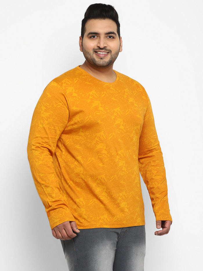 Plus Men's Mustard Printed Full Sleeve Regular Fit Cotton T-Shirt