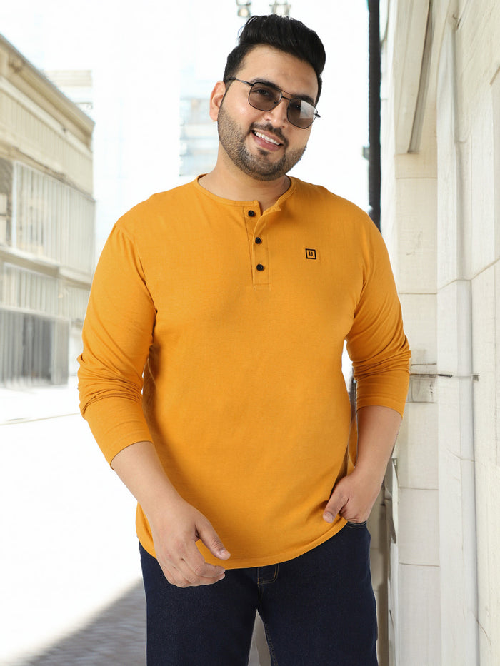 Plus Men's Mustard Solid Henley Neck Regular Fit Full Sleeve Cotton T-Shirt