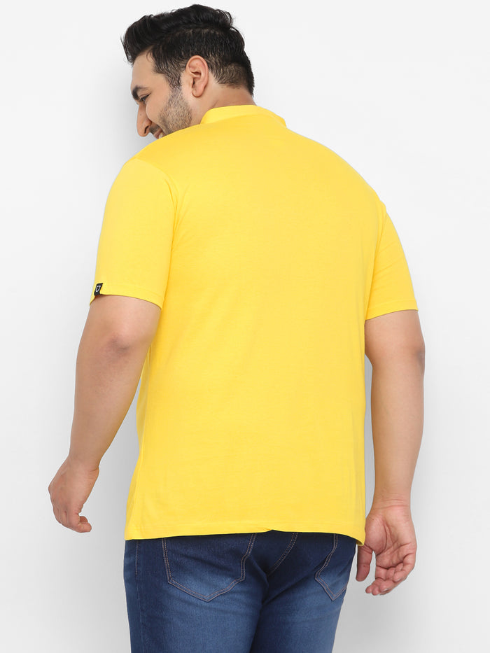 Plus Men's Mustard Solid Mandarin Collar Regular Fit Cotton T-Shirt