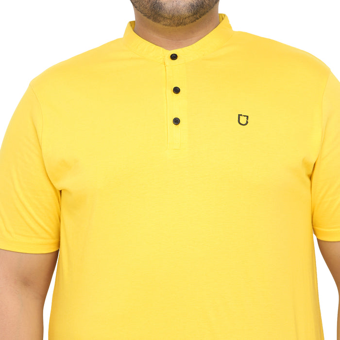 Plus Men's Mustard Solid Mandarin Collar Regular Fit Cotton T-Shirt