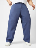 Plus Men's Navy Blue Loose Baggy Fit Washed Jeans Non-Stretchable