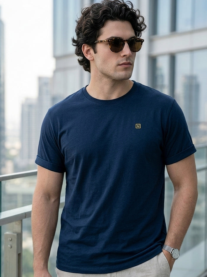 Plus Men's Navy Blue Solid Regular Fit Round Neck Cotton T-Shirt