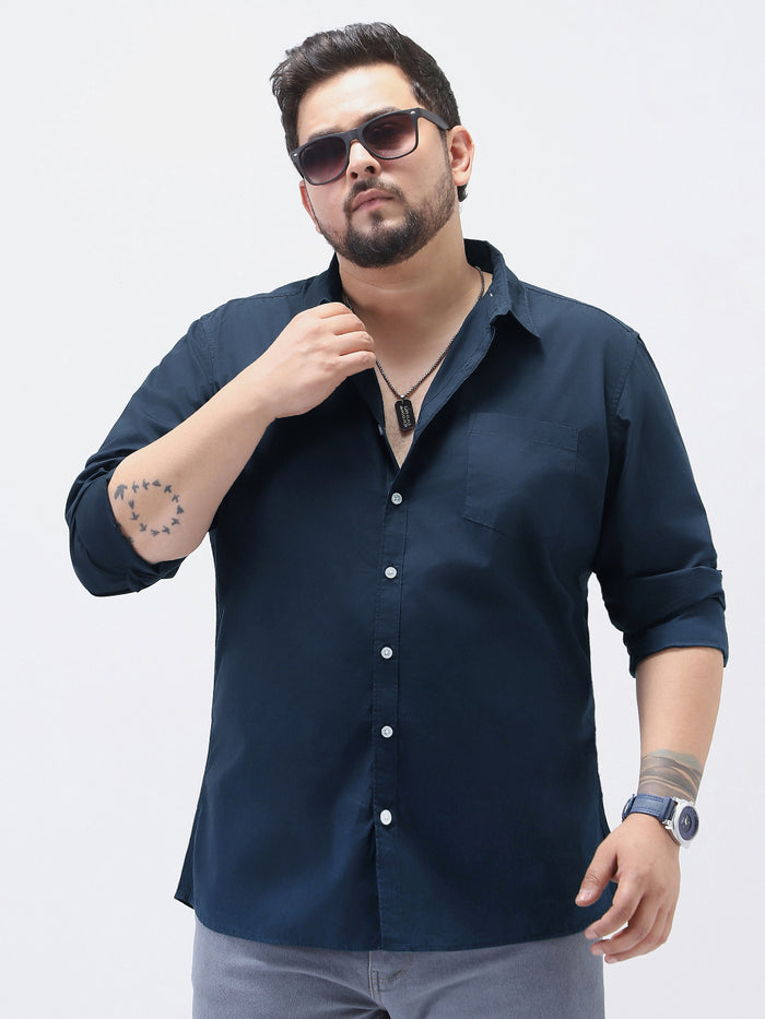 Plus Men's Navy Cotton Full Sleeve Regular Fit Casual Solid Shirt