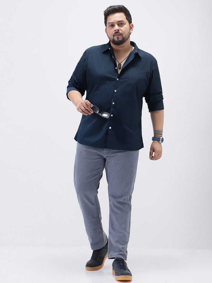 Plus Men's Navy Cotton Full Sleeve Regular Fit Casual Solid Shirt
