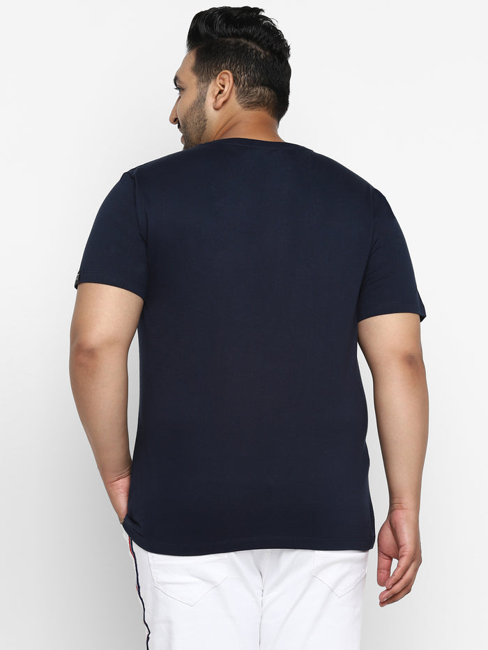 Plus Men's Navy Printed Full Sleeve Regular Fit Cotton T-Shirt
