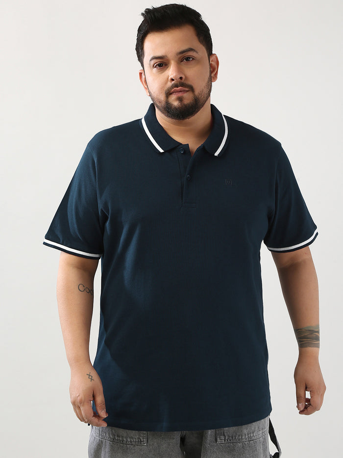 Plus Men's Navy Solid Regular Fit Half Sleeve Cotton Polo T-Shirt