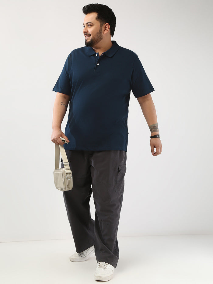Plus Men's Navy Solid Regular Fit Half Sleeve Cotton Polo T-Shirt