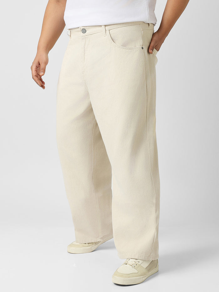 Plus Men's Off White Loose Baggy Fit Washed Jeans Non-Stretchable