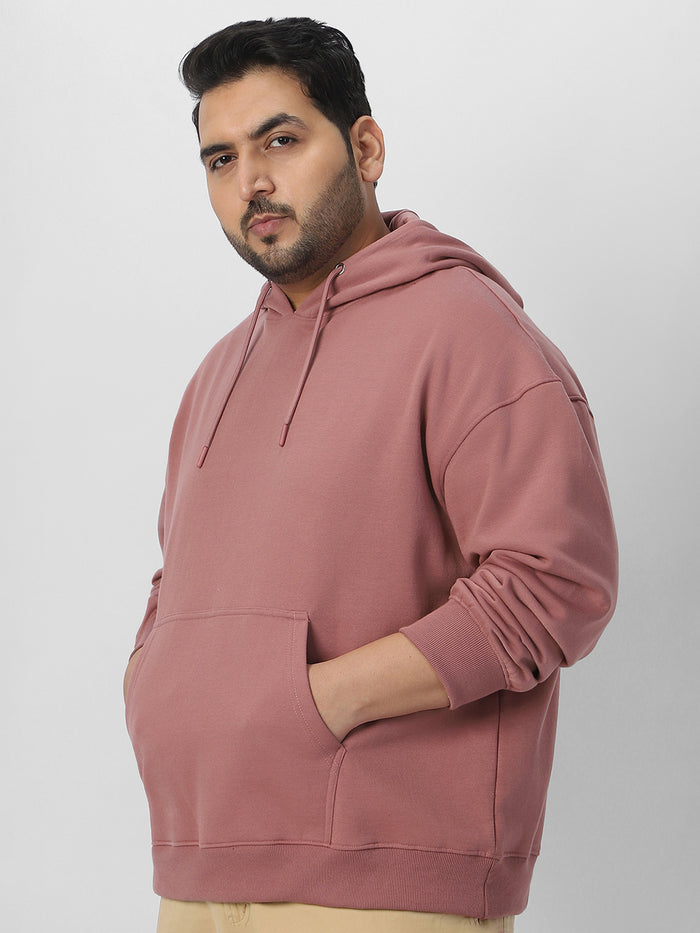 Plus Men's Old Rose Cotton Solid Oversized Hooded Neck Sweatshirt
