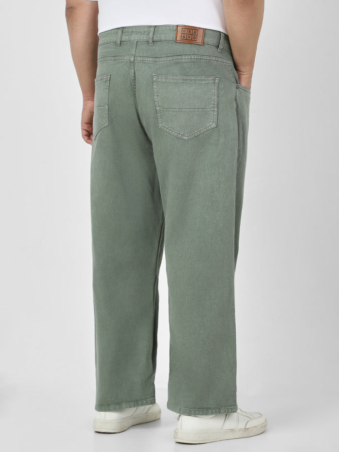 Plus Men's Olive Green Loose Fit Washed Jeans Non-Stretchable