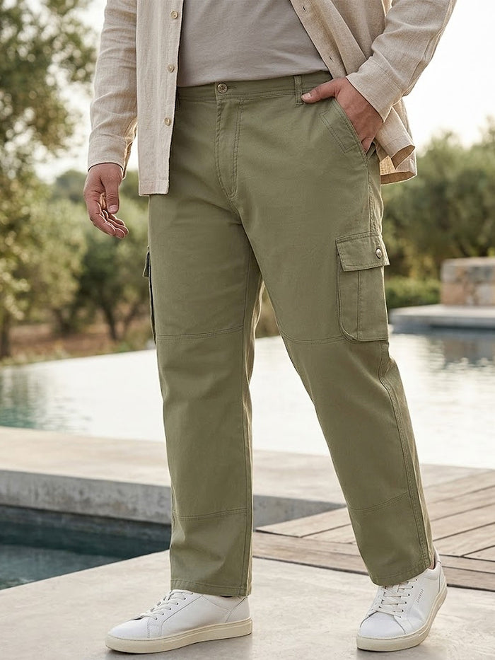 Plus Men's Olive Green Regular Fit Solid Cargo Chino Pant with 6 Pockets