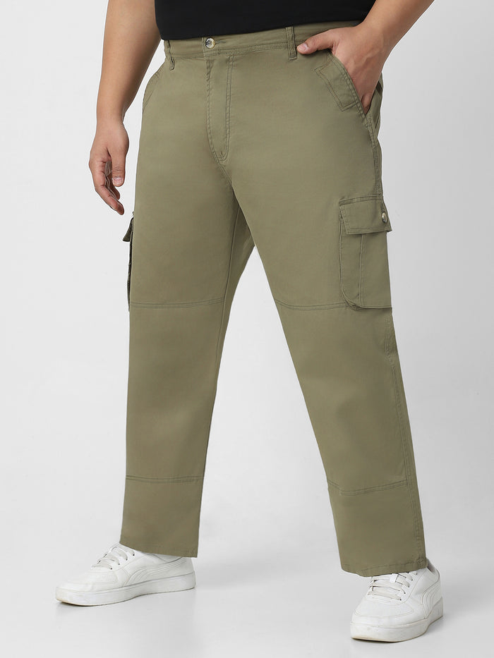 Plus Men's Olive Green Regular Fit Solid Cargo Chino Pant with 6 Pockets