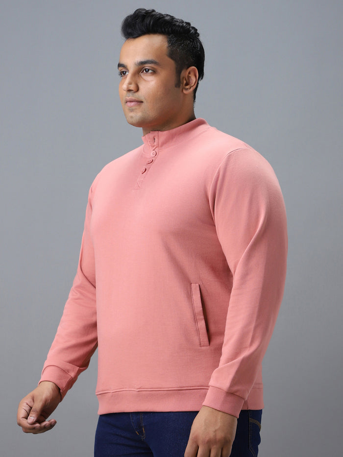 Plus Men's Pink Cotton Solid Button High Neck Sweatshirt