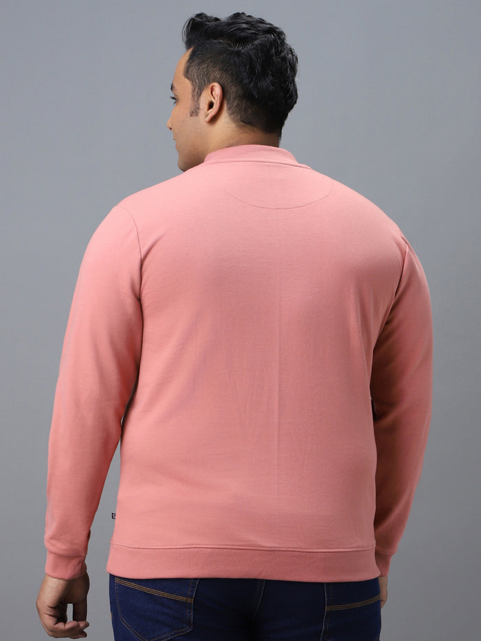 Plus Men's Pink Cotton Solid Button High Neck Sweatshirt