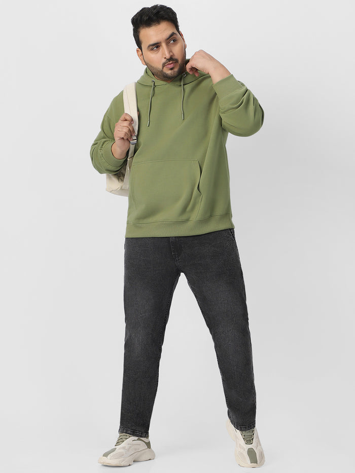 Plus Men's Potent Olive Cotton Solid Oversized Hooded Neck Sweatshirt