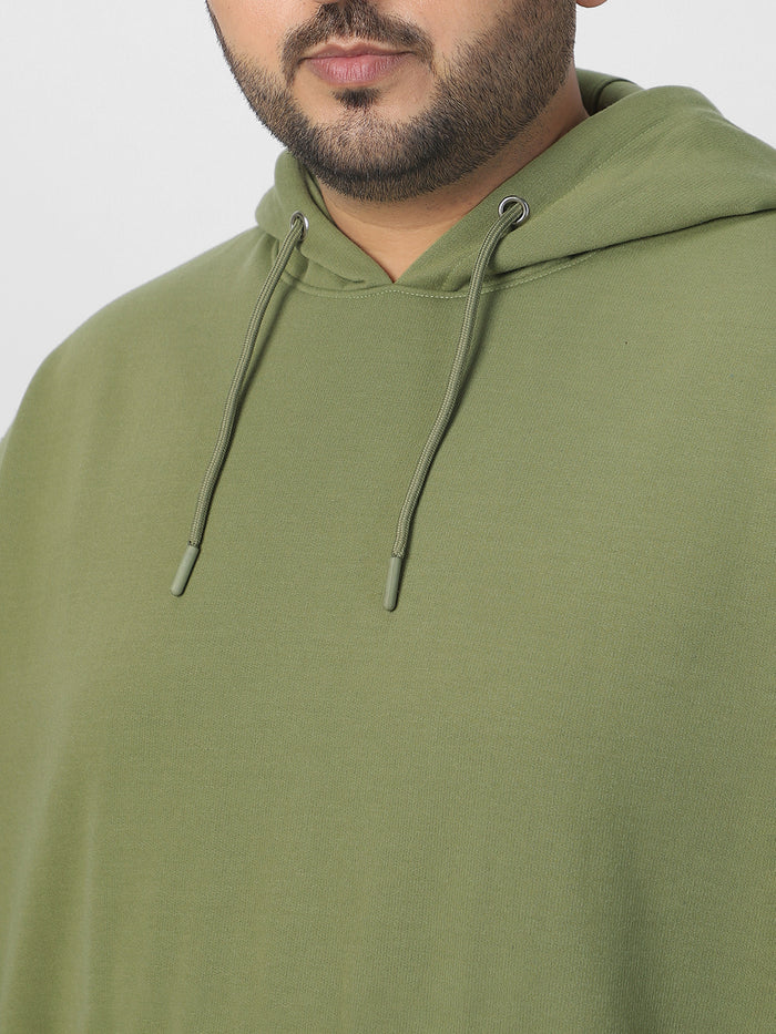 Plus Men's Potent Olive Cotton Solid Oversized Hooded Neck Sweatshirt