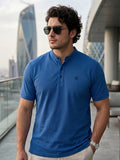 Plus Men's Royal Blue Solid Mandarin Collar Regular Fit Cotton T-Shirt