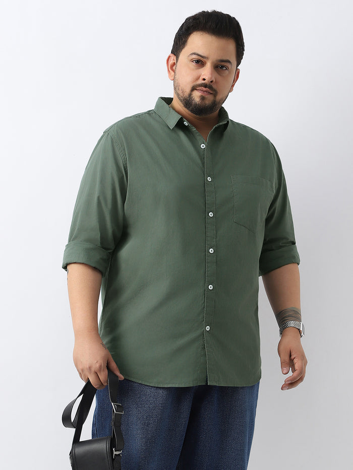 Plus Men's Sage Green Cotton Full Sleeve Regular Fit Casual Solid Shirt