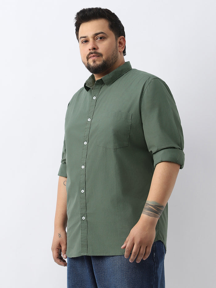 Plus Men's Sage Green Cotton Full Sleeve Regular Fit Casual Solid Shirt