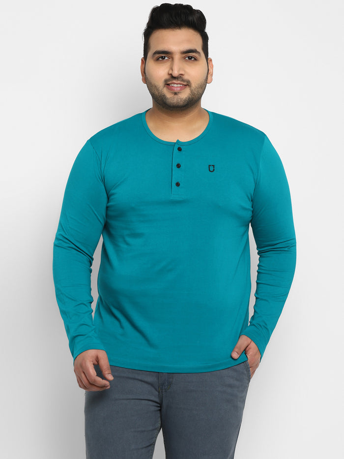 Plus Men's Teal Green Solid Henley Neck Regular Fit Full Sleeve Cotton T-Shirt