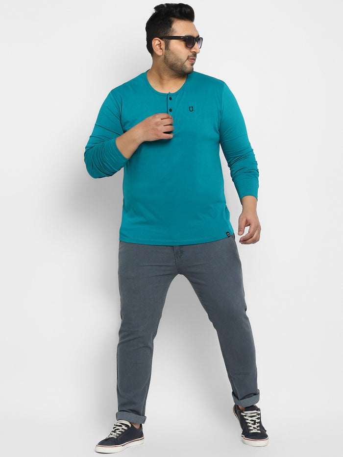 Plus Men's Teal Green Solid Henley Neck Regular Fit Full Sleeve Cotton T-Shirt