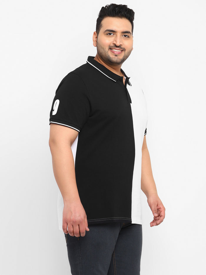 Plus Men's White, Black Colour-Block Regular Fit Half Sleeve Cotton Polo T-Shirt