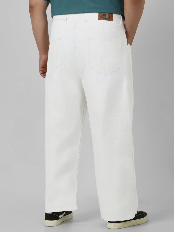 Plus Men's White Loose Fit Washed Jeans Non-Stretchable