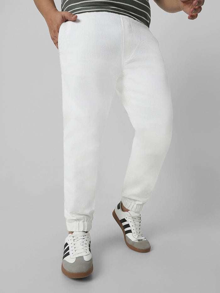 Plus Men's White Regular Fit Solid Joggers Jeans Stretchable