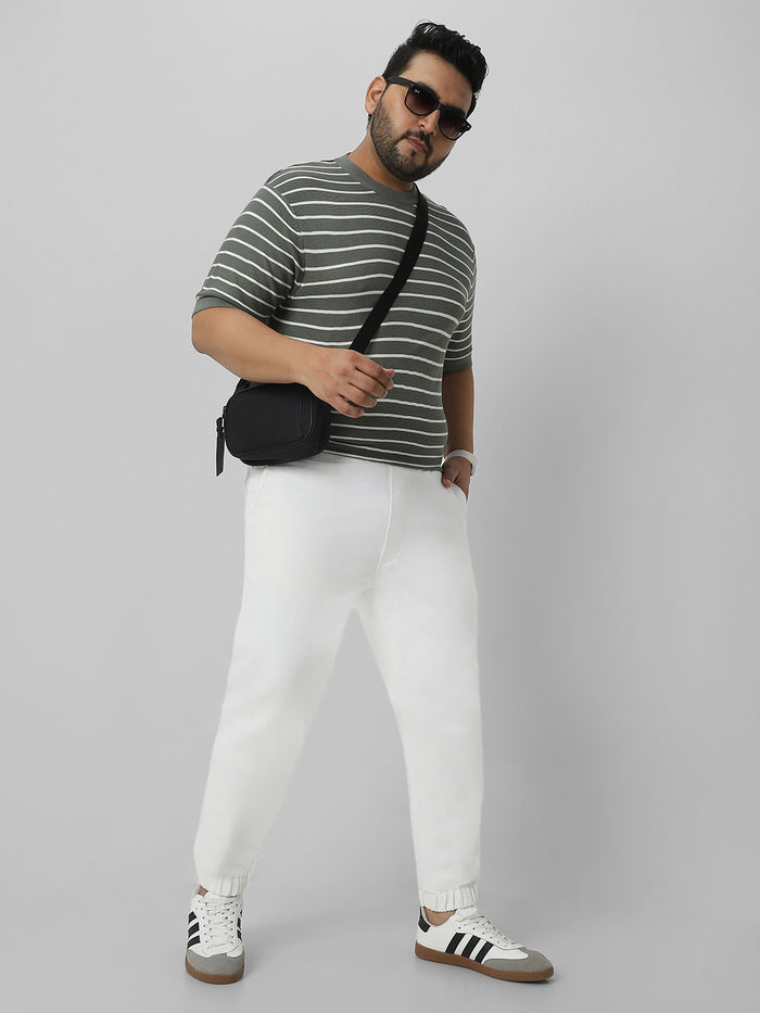 Plus Men's White Regular Fit Solid Joggers Jeans Stretchable