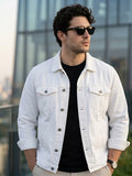 Plus Men's White Regular Fit Washed Full Sleeve Denim Jacket