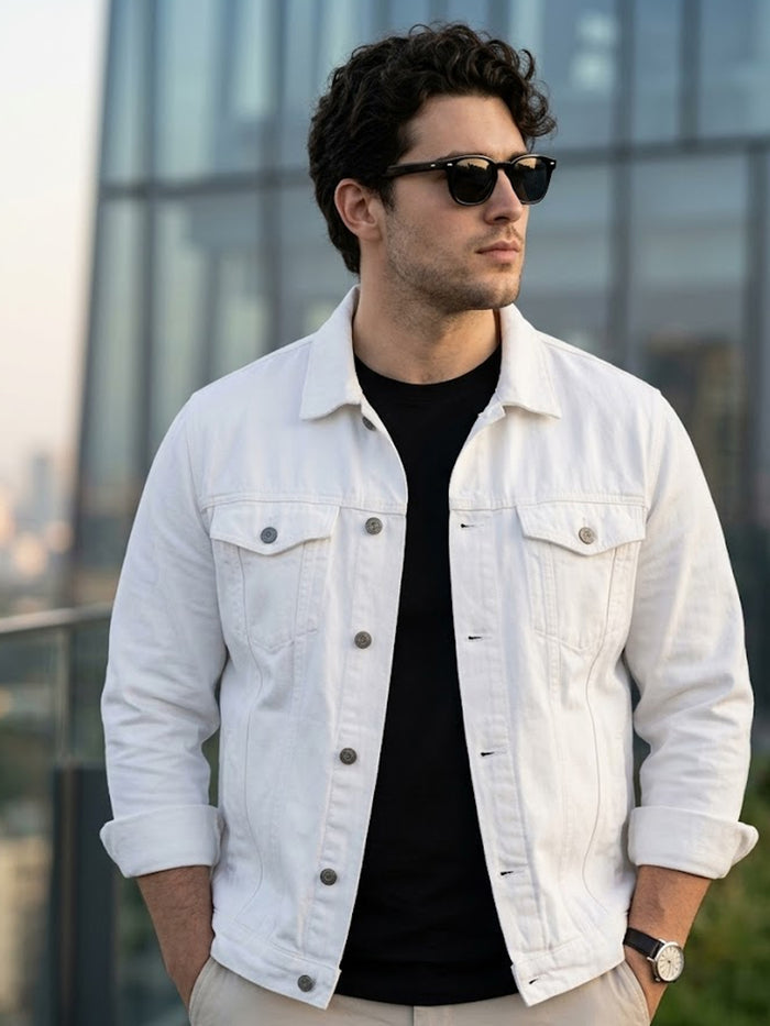 Plus Men's White Regular Fit Washed Full Sleeve Denim Jacket