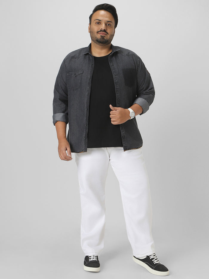 Plus Men's White Regular Fit Washed Jeans Stretchable