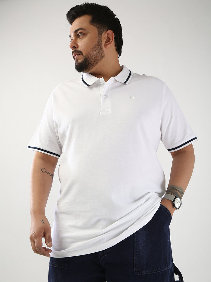 Plus Men's White Solid Regular Fit Half Sleeve Cotton Polo T-Shirt