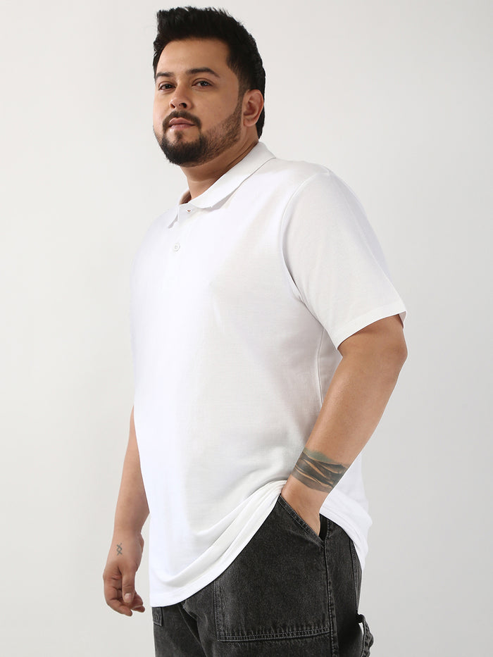 Plus Men's White Solid Regular Fit Half Sleeve Cotton Polo T-Shirt