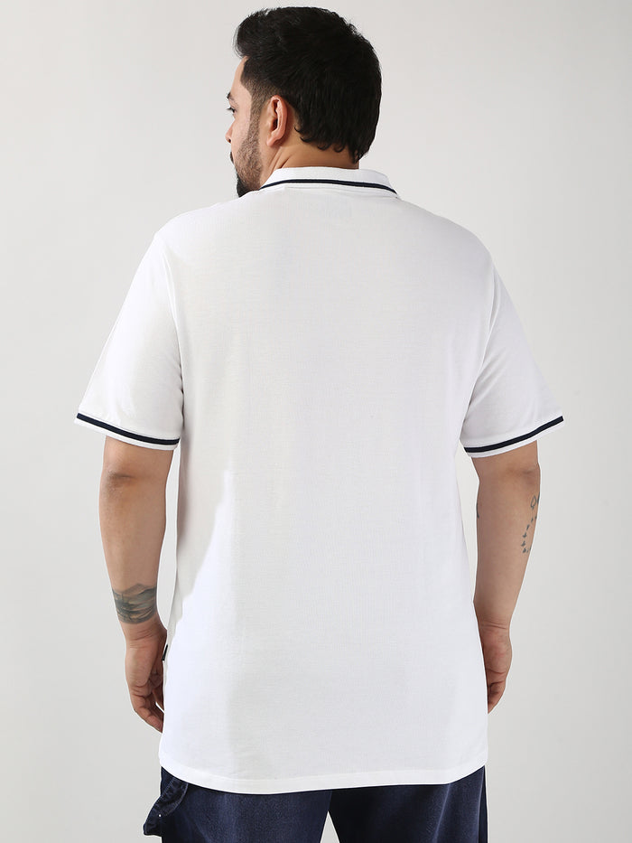Plus Men's White Solid Regular Fit Half Sleeve Cotton Polo T-Shirt