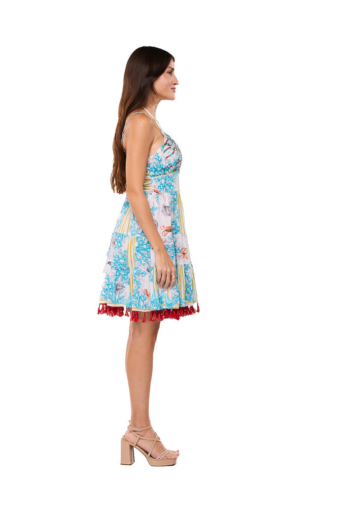 Rome-Inspired Tropical Tassel Mini Dress -26584