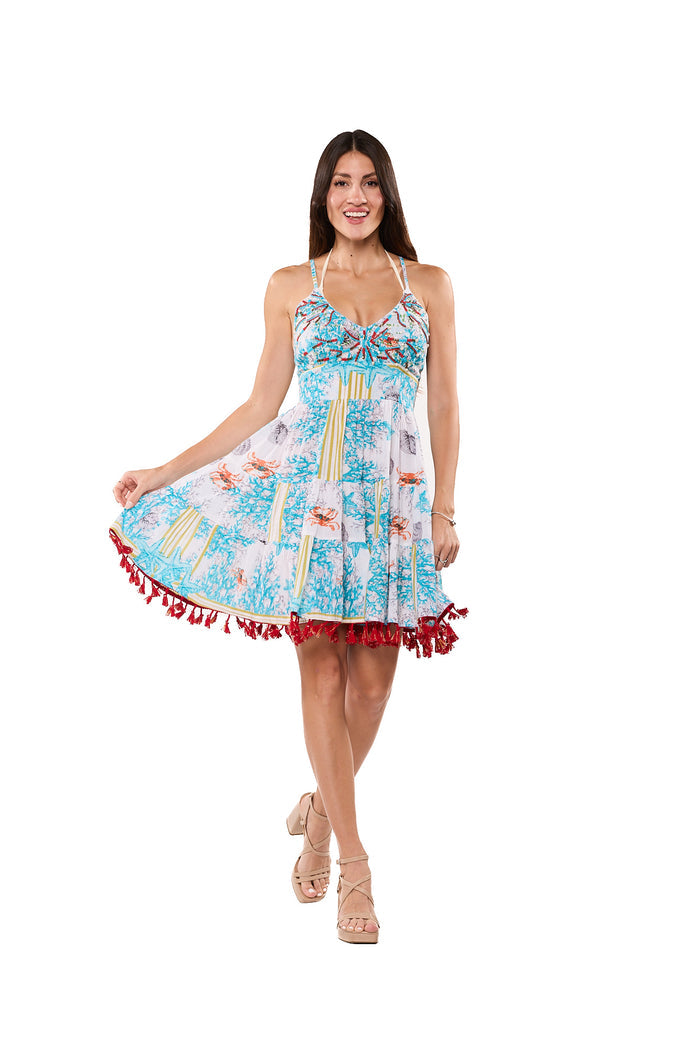 Rome-Inspired Tropical Tassel Mini Dress -26584
