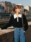 Selena Polo Contrast Collar 100% Wool Knit Sweater/Simple Retro/11519