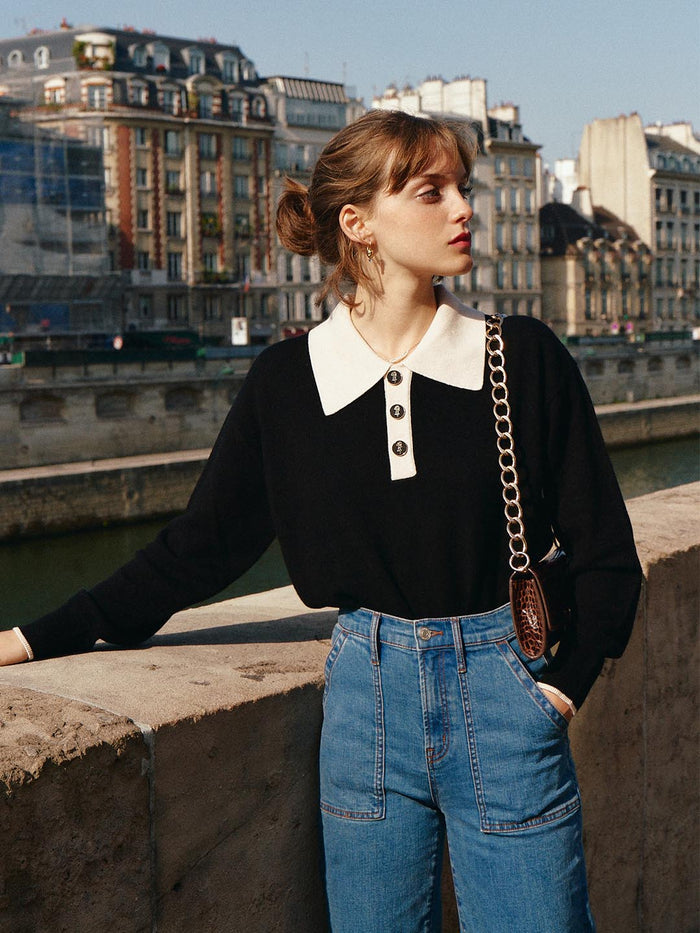 Selena Polo Contrast Collar 100% Wool Knit Sweater/Simple Retro/11519