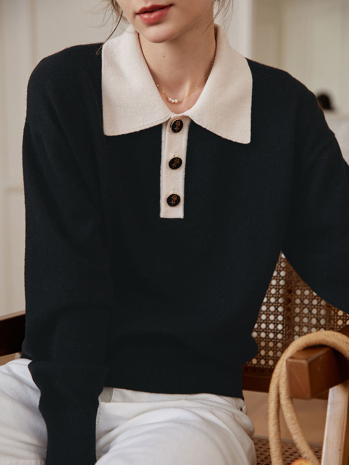 Selena Polo Contrast Collar 100% Wool Knit Sweater/Simple Retro/11519