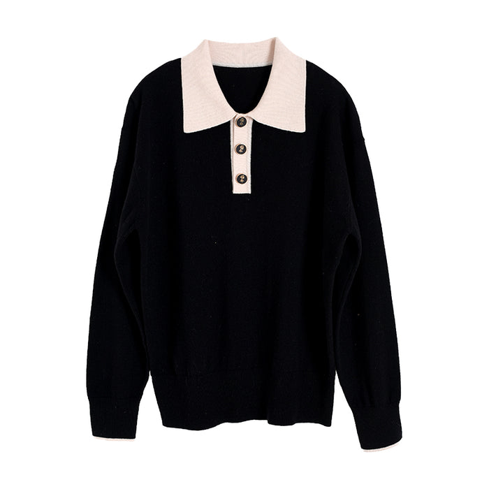 Selena Polo Contrast Collar 100% Wool Knit Sweater/Simple Retro/11519