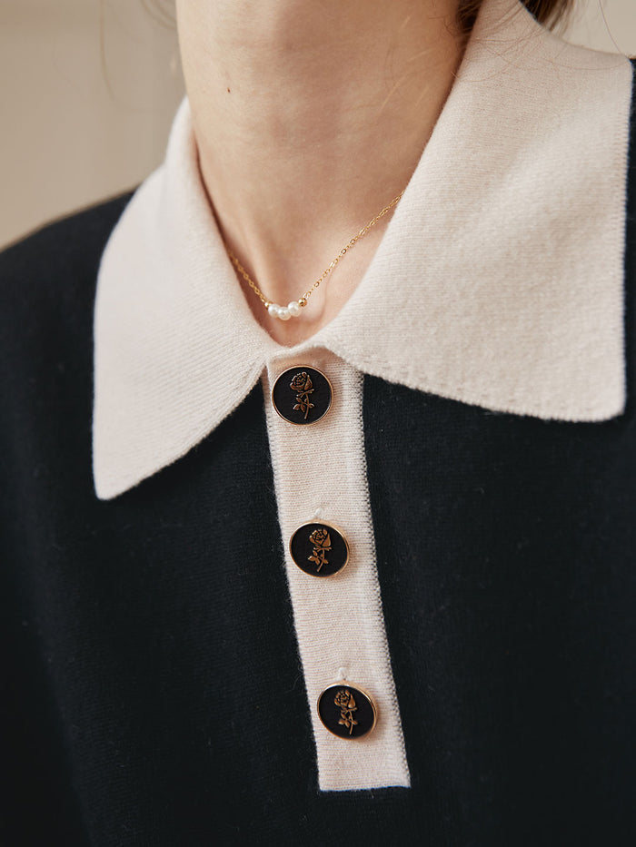 Selena Polo Contrast Collar 100% Wool Knit Sweater/Simple Retro/11519