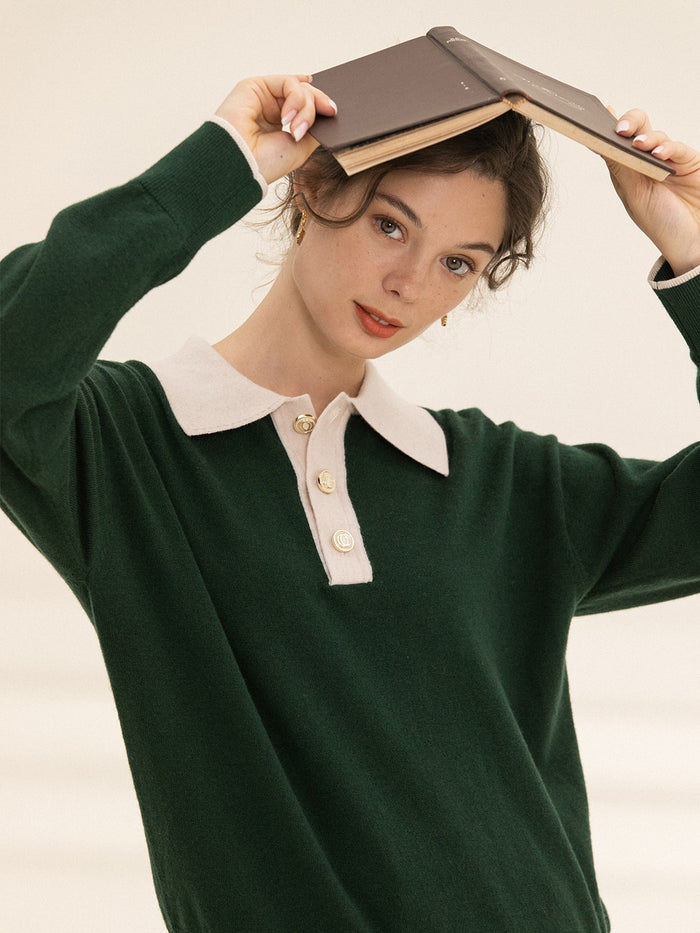 Selena Polo Contrast Collar 100% Wool Knit Sweater/Simple Retro/11519