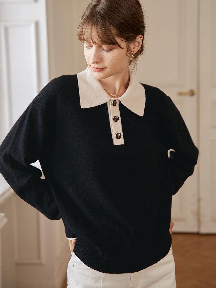 Selena Polo Contrast Collar 100% Wool Knit Sweater/Simple Retro/11519