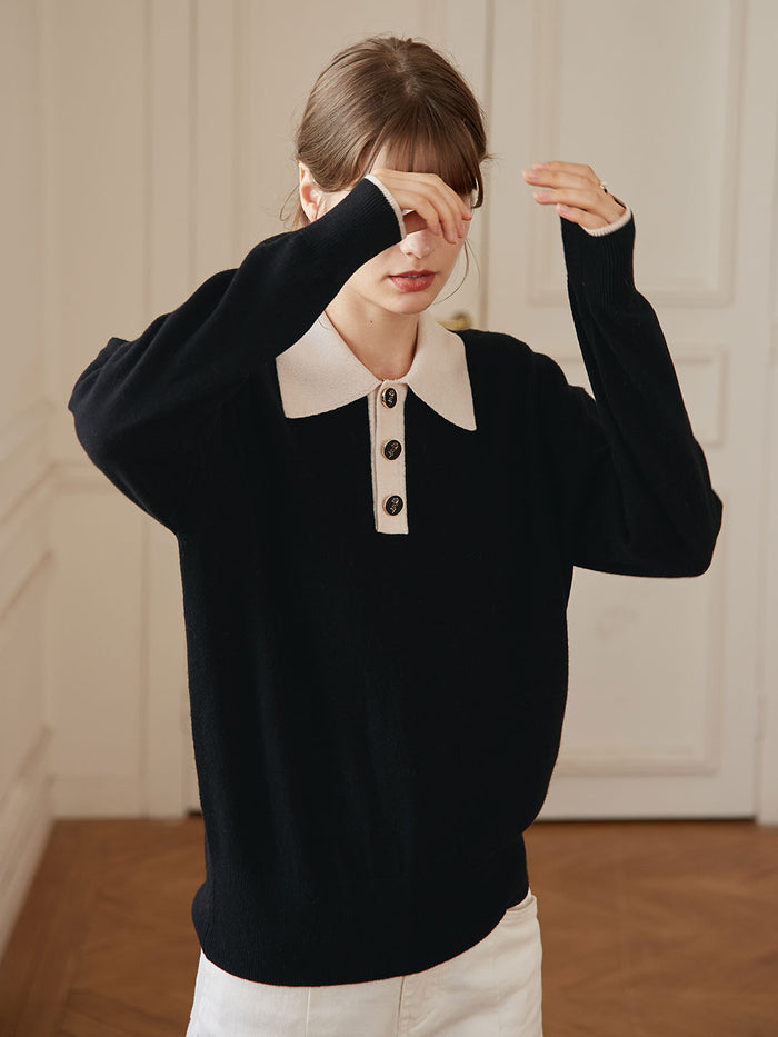 Selena Polo Contrast Collar 100% Wool Knit Sweater/Simple Retro/11519