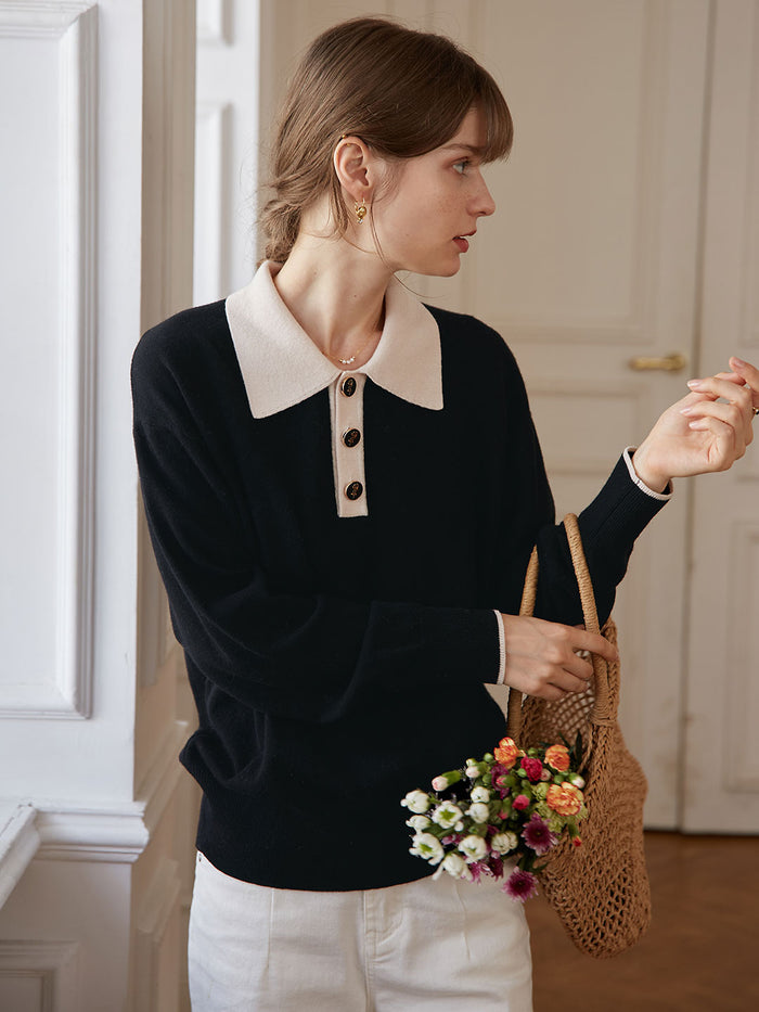 Selena Polo Contrast Collar 100% Wool Knit Sweater/Simple Retro/11519