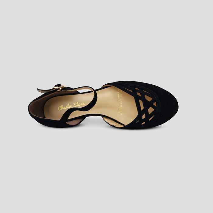 Charlie Stone Shoes dark academia shoes vintage flats with wedge for heel pain and tendonitis black suede