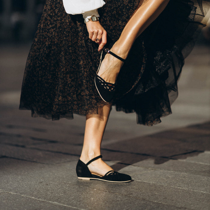 Charlie Stone Shoes dark academia shoes vintage flats with wedge for heel pain and tendonitis black suede