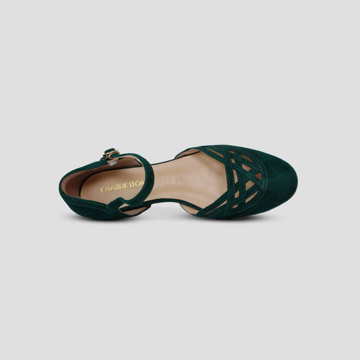 Charlie Stone Shoes vintage inspired 1920-50's dark academia aesthetic women's flats Serpente dark green forest with hidden wedge suede leather